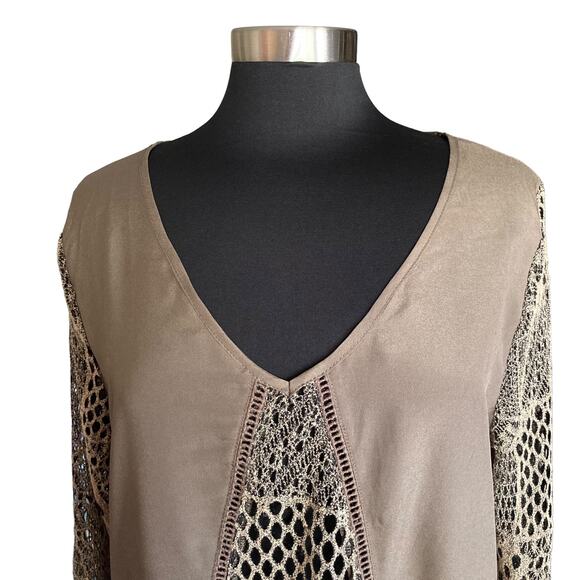 BKE Boutique Tan Taupe Satin Top Mesh Sleeves & Bodice Inset LARGE Grunge Punk - Picture 2 of 8